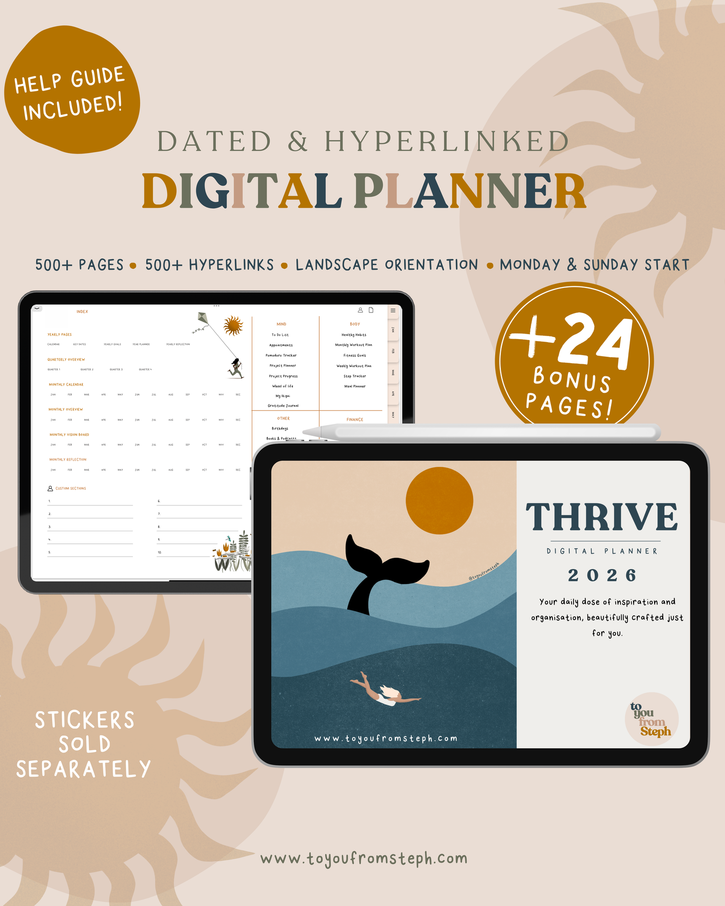 2026 Digital Planner | Hyperlinked Dated Digital Planner | Monday & Sunday Starts