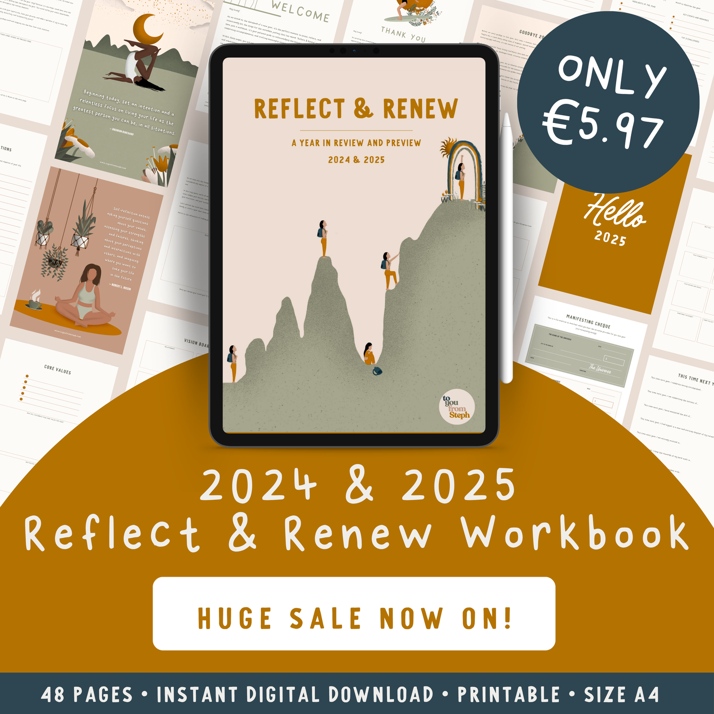 DIGITAL Reflect and Renew: 2024 and 2025 Self-Reflection & Goal Setting Workbook | Including Help Guide