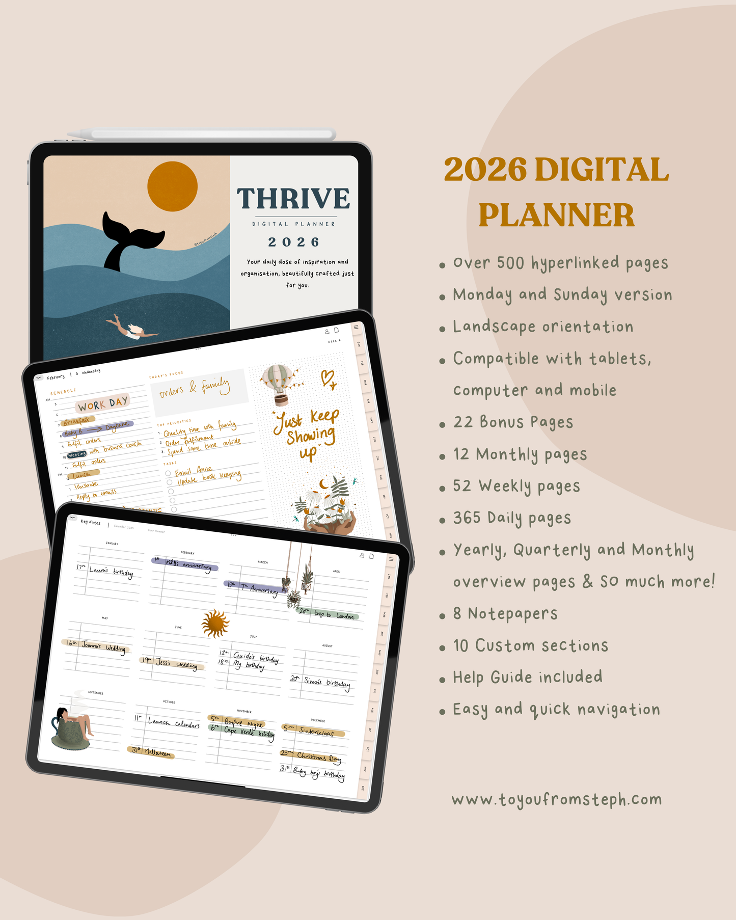 2026 Digital Planner | Hyperlinked Dated Digital Planner | Monday & Sunday Starts