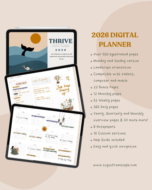 2026 Digital Planner | Hyperlinked Dated Digital Planner | Monday & Sunday Starts