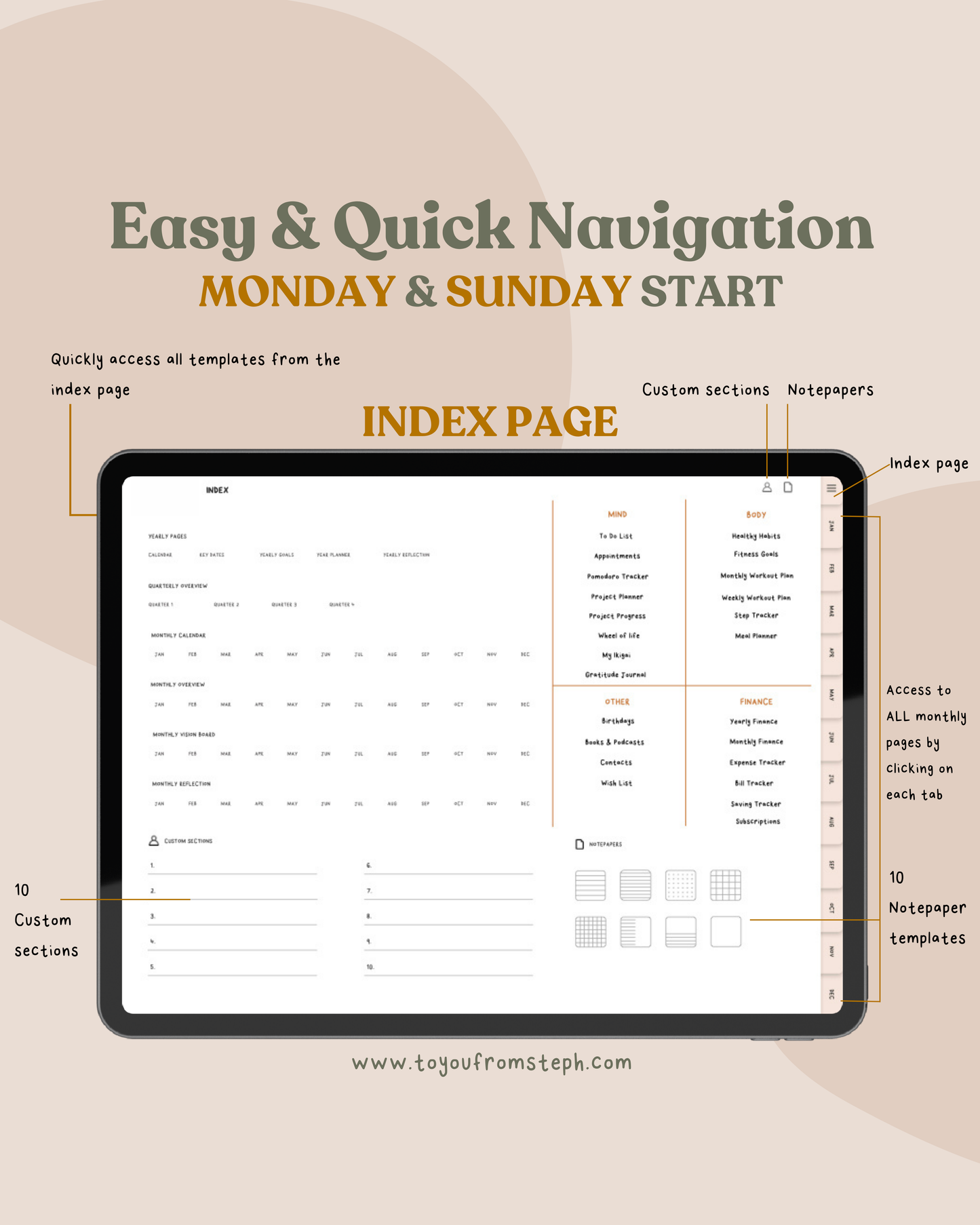2026 Digital Planner | Hyperlinked Dated Digital Planner | Monday & Sunday Starts