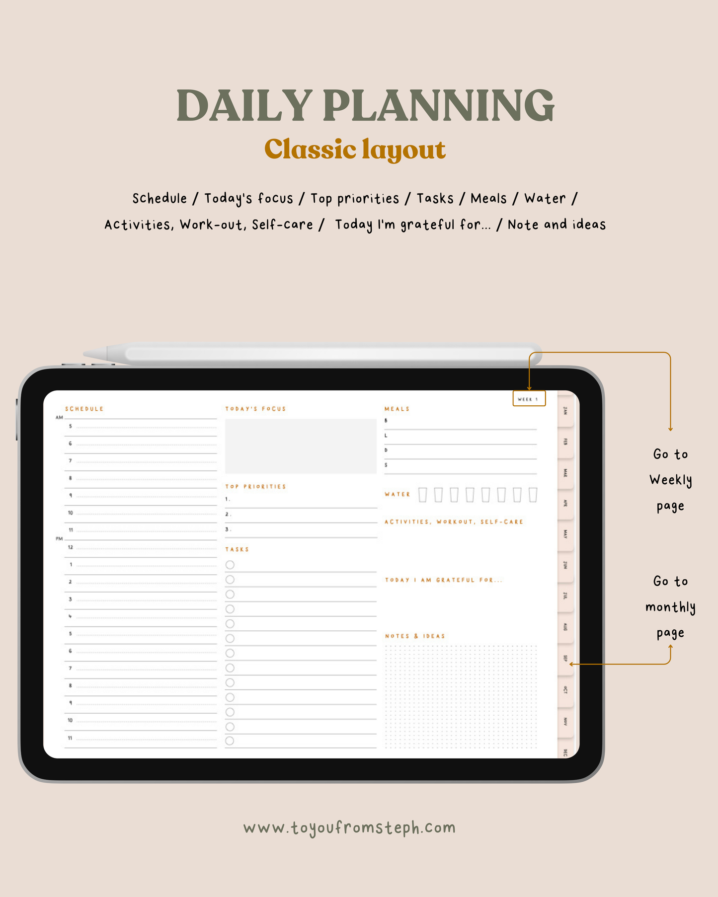 2026 Digital Planner | Hyperlinked Dated Digital Planner | Monday & Sunday Starts